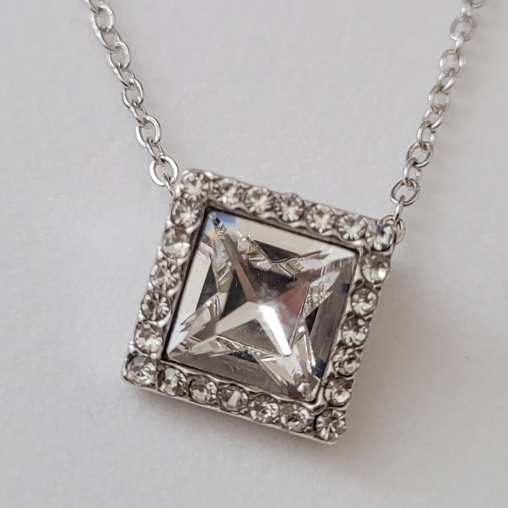 Square Swarovski Crystal Silver Necklace